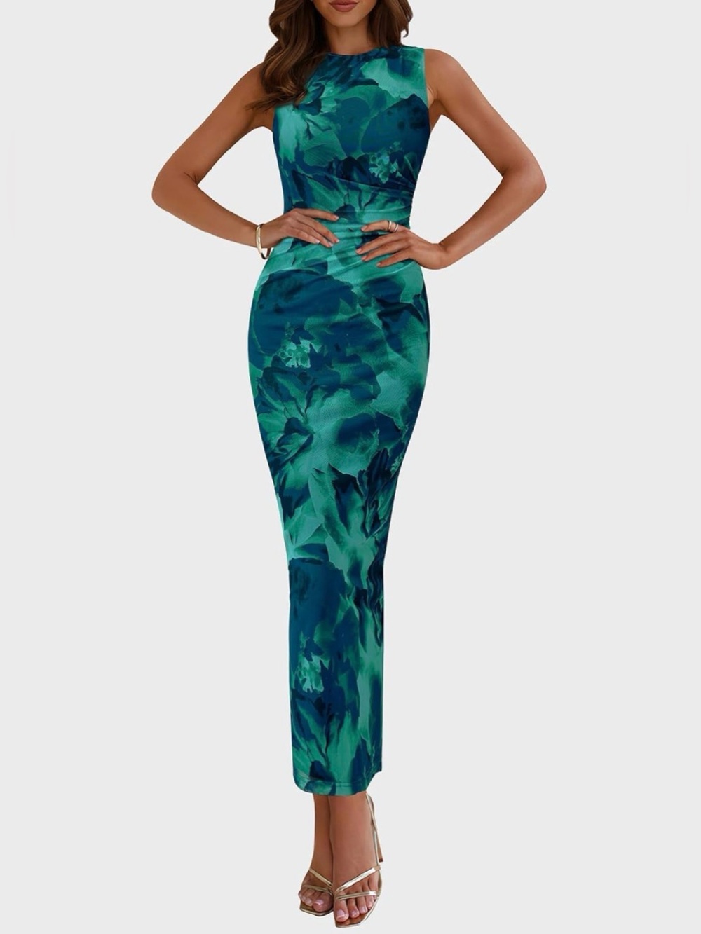 ✨NWT ✨ PrettyGarden Blue Floral Mesh Ruched Sleeveless Maxi Bodycon Dress - XL